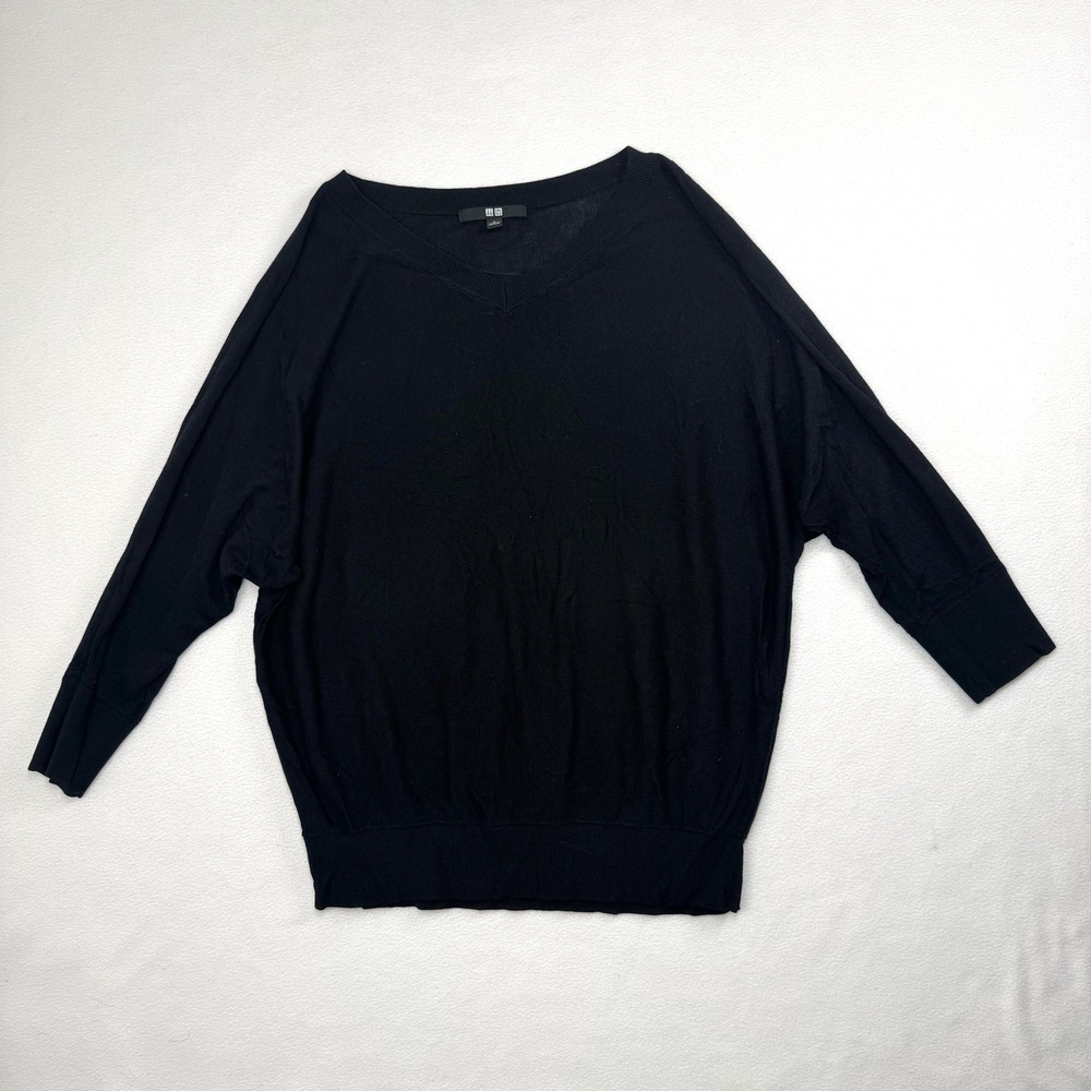 Uniqlo Black Tencel Silk Blend V-Neck Dolman Sweater 3/4" Sleeve Small